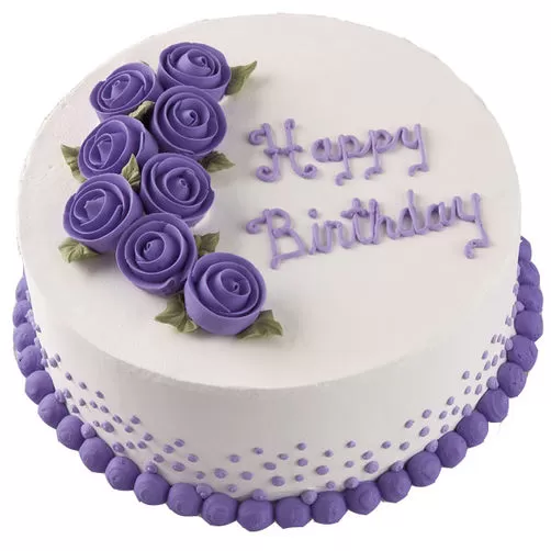 Purple happy birthday cake with beautiful flowers. Dozen of violet cakes  with gold and fruits. Exquisite desserts.Tasty white tired cake decorated  with violet flowers Photos | Adobe Stock