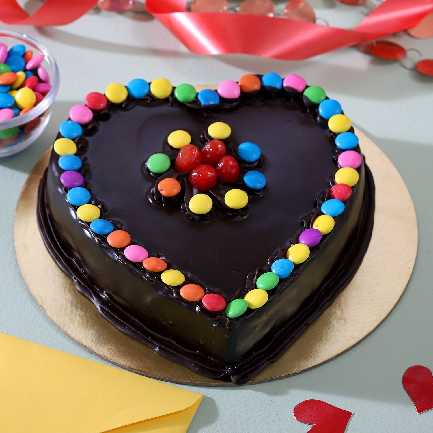 Chocolate Gems Heart Shaped Cake 1 Kg and Card
